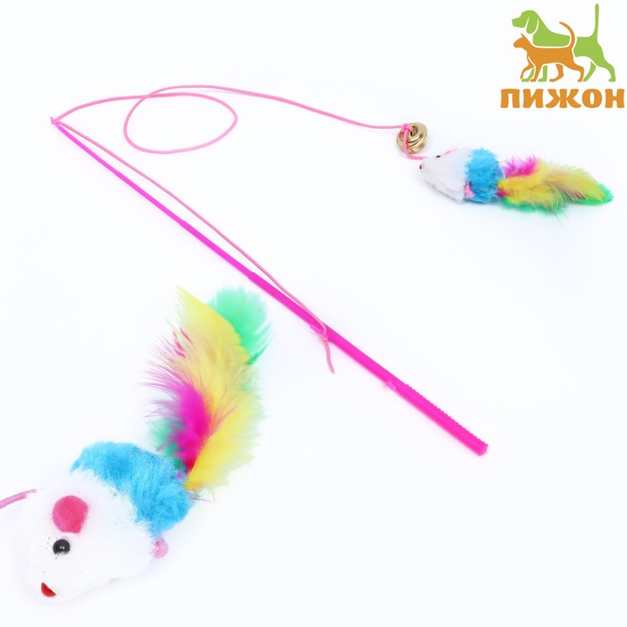 

Игрушка для кошек Пижон Цветная мышка, 32 см, белая, синяя мышь на розовой ручке