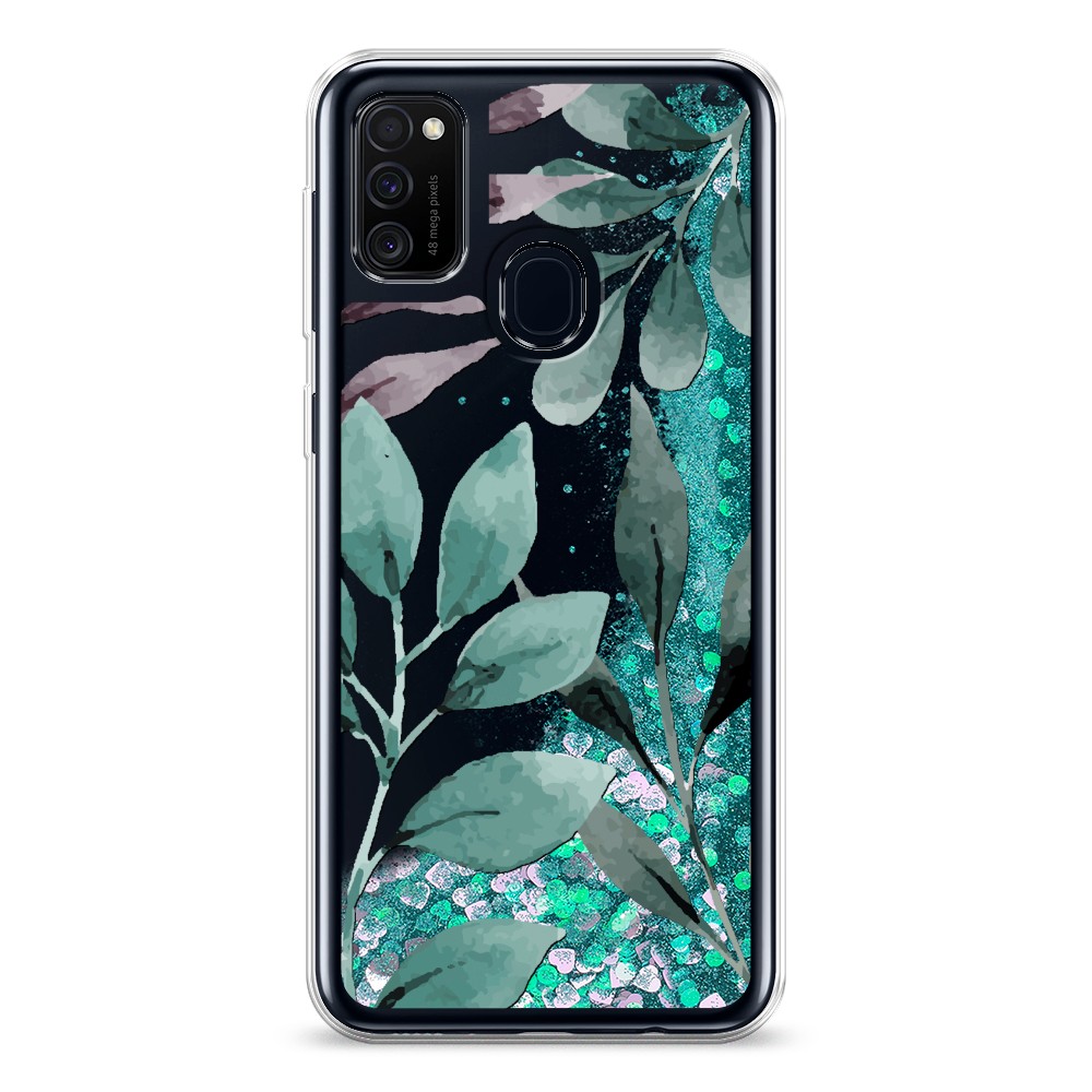 

Жидкий чехол с блестками "Листы цветов" на Samsung Galaxy M21, 29795-1