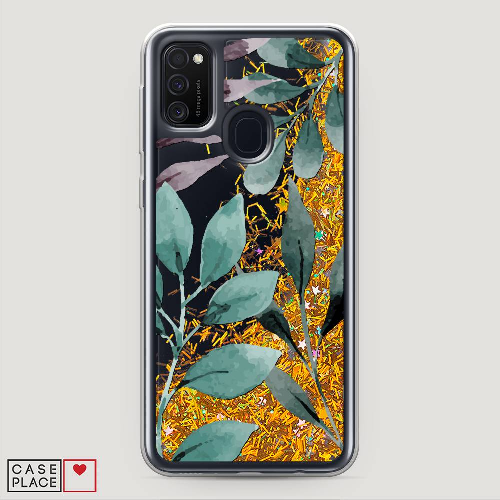 

Жидкий чехол с блестками "Листы цветов" на Samsung Galaxy M21, 29790-1