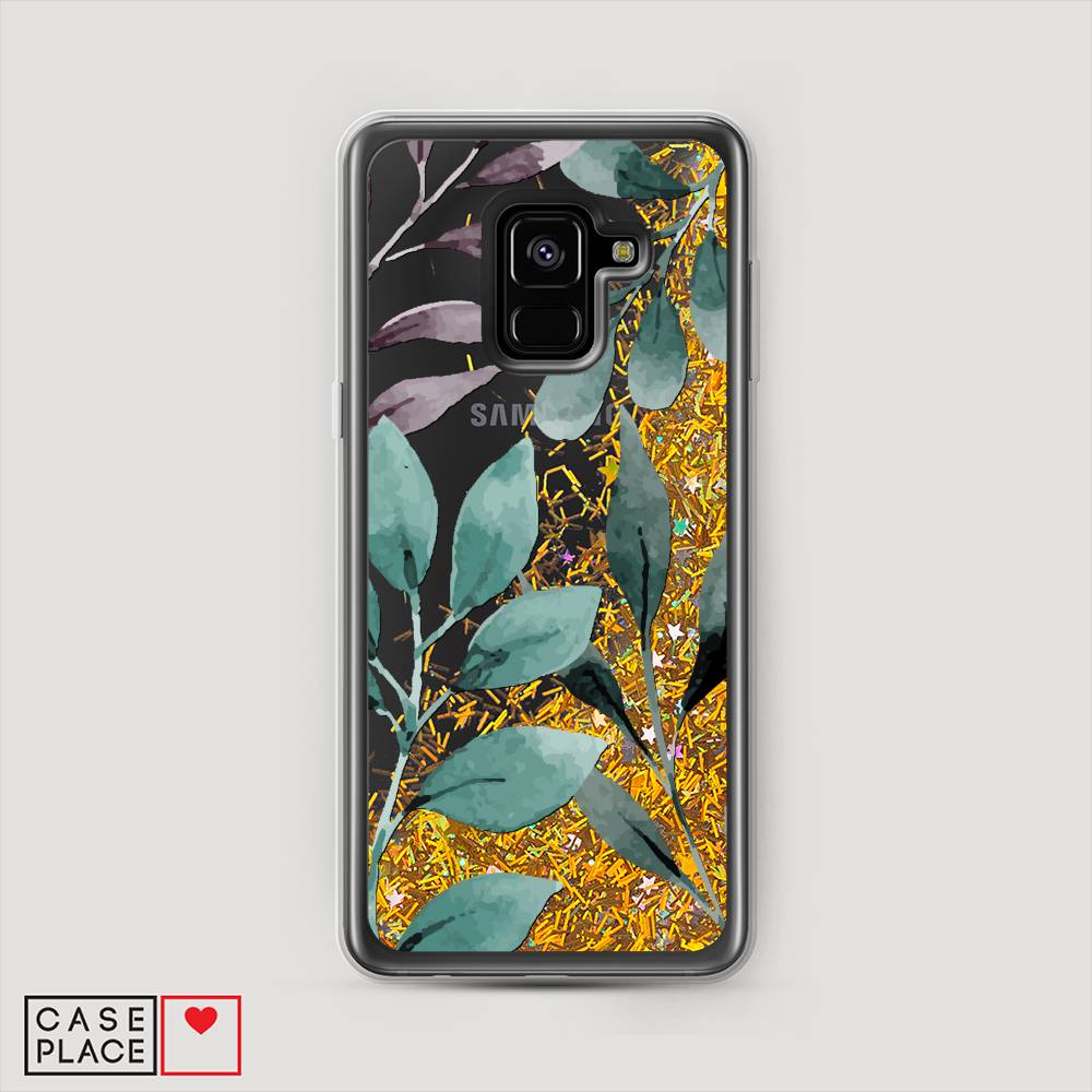 

Жидкий чехол с блестками "Листы цветов" на Samsung Galaxy A8 2018