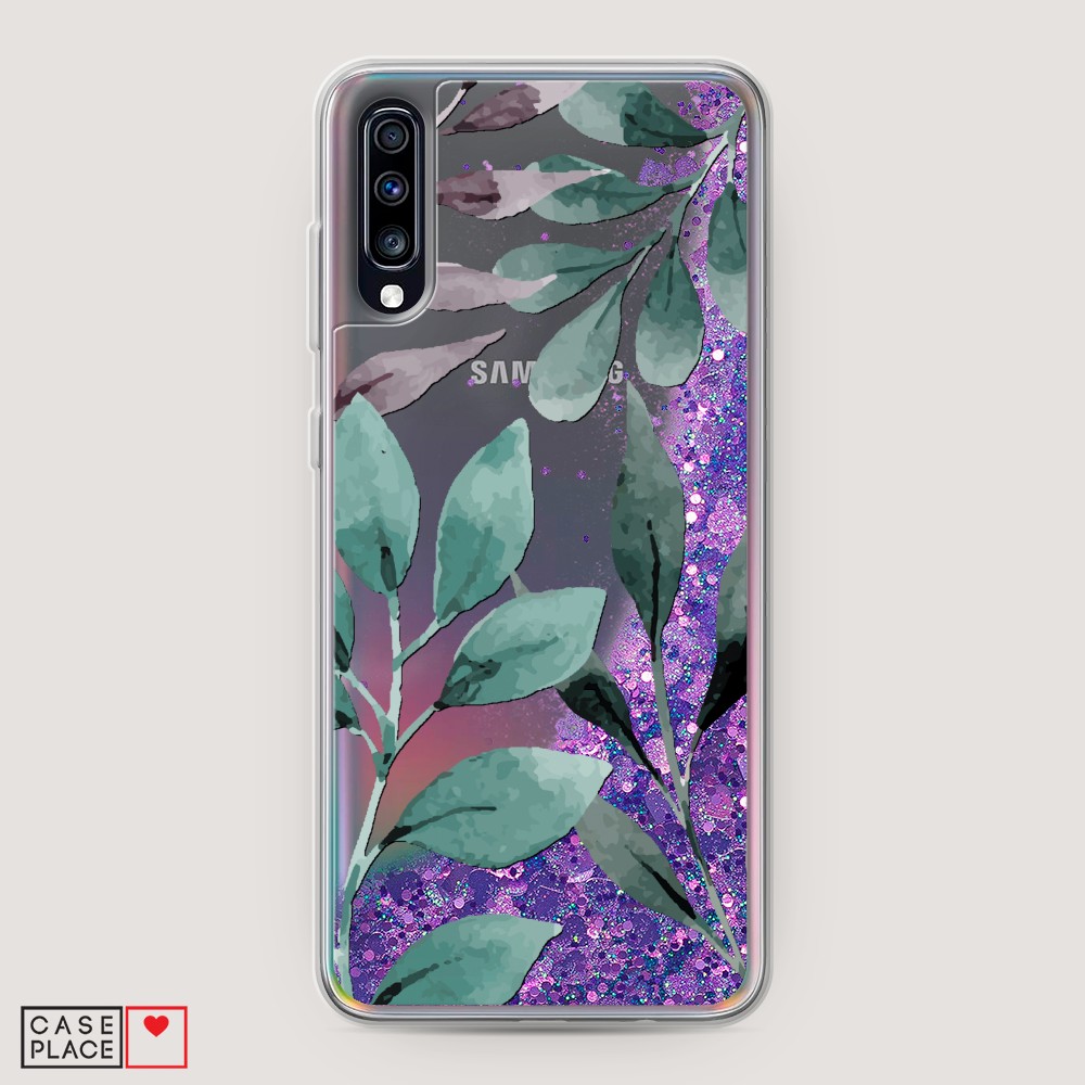

Жидкий чехол с блестками "Листы цветов" на Samsung Galaxy A70, 28192-1