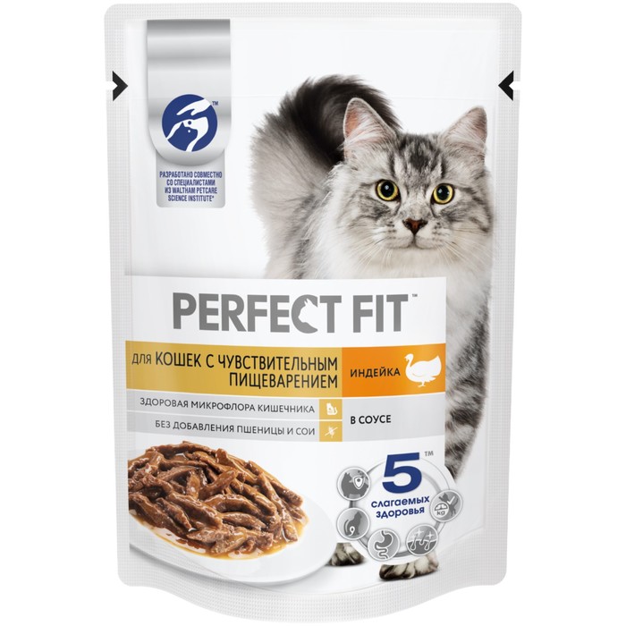 

Влажный корм для кошек Perfect Fit индейка в соусе, для чувствительного пищеварения, 75г
