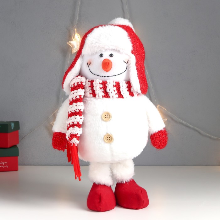 фото Кукла интерьерная "снеговик в красной шапке-ушанке с бомбошкой" 40х17х16 см bazar
