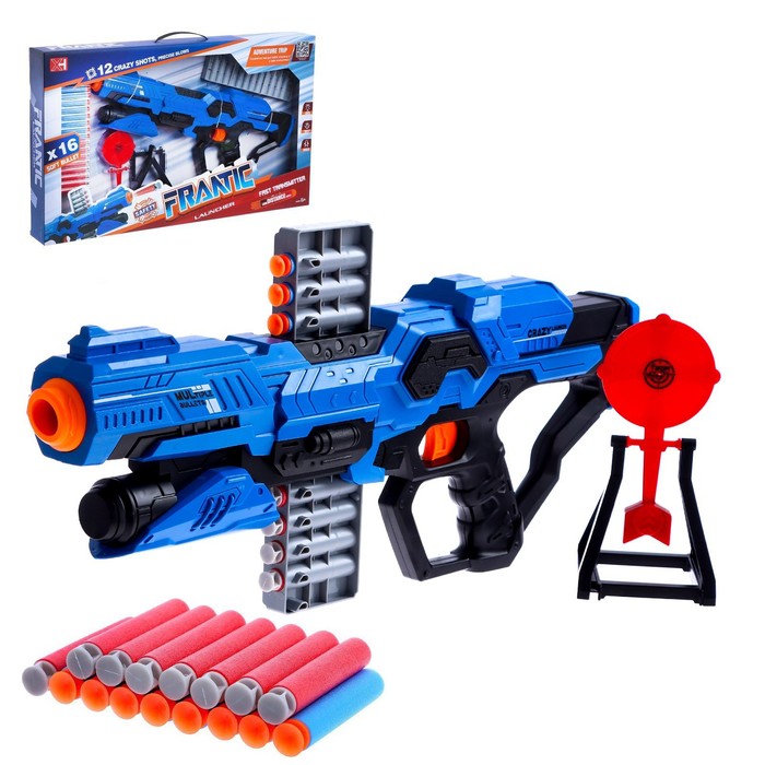 Бластер игрушечный Frantic, стреляет мягкими пулями, в комплекте с мишенью, цвет синий