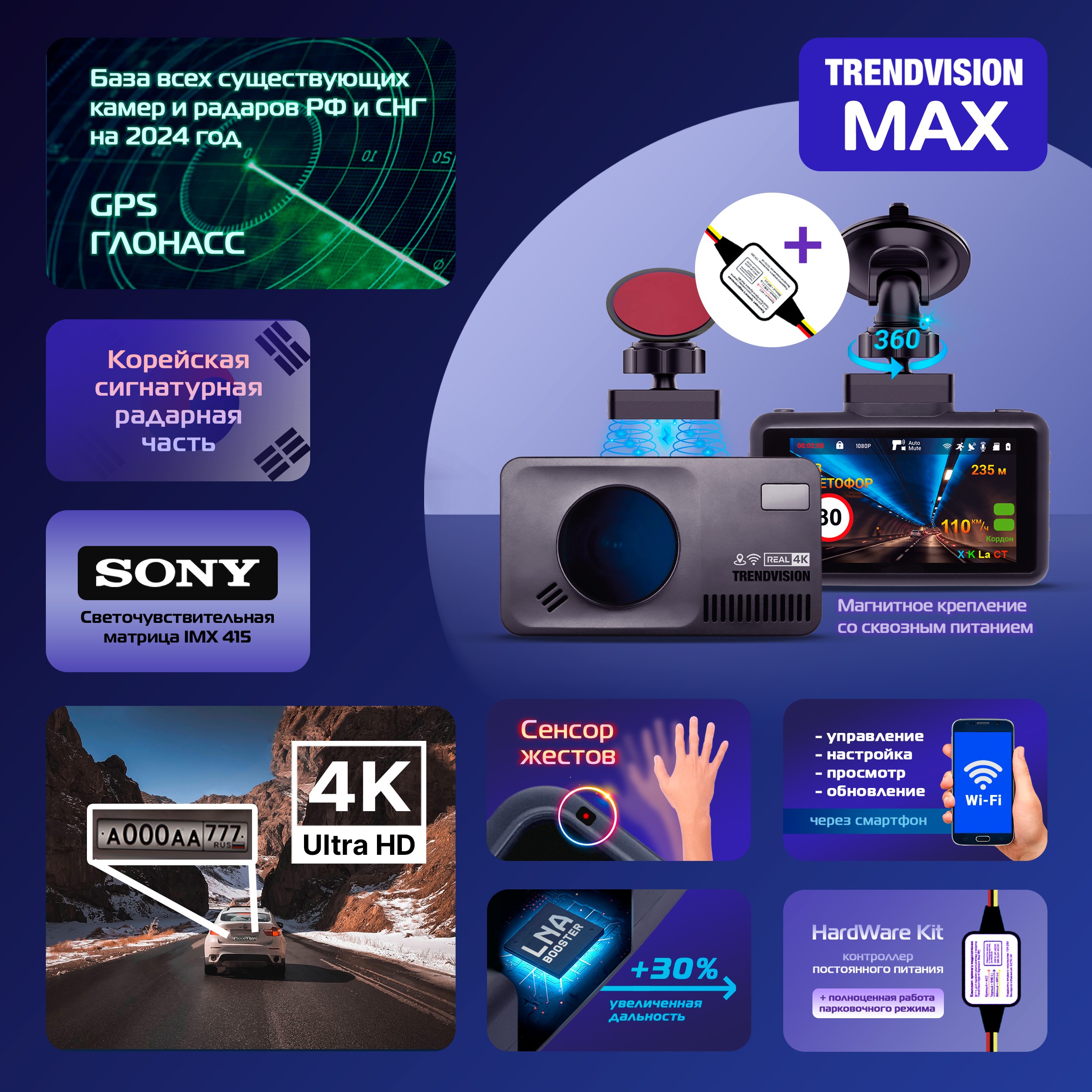 Видеорегистратор с LNA радар-детектором TrendVision Max / Real 4K, HardWare Kit, Wi-Fi