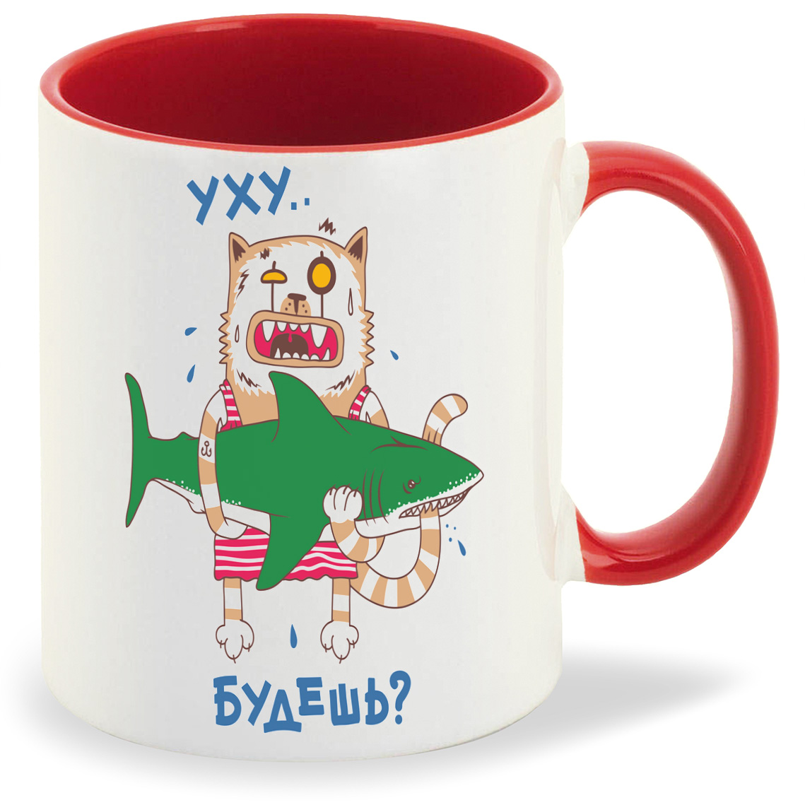 

Кружка CoolPodarok Прикол Кот с акулой Уху будешь2, Прикол Кот с акулой Уху будешь2