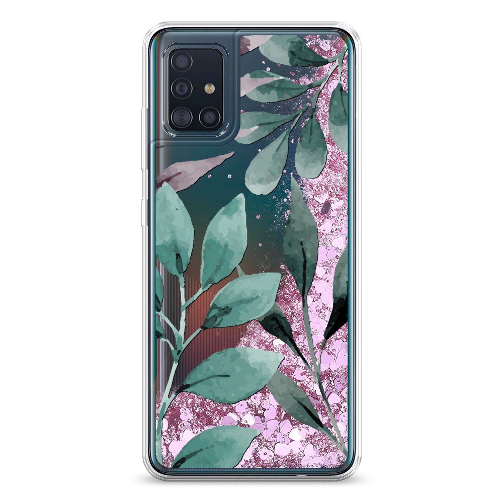 

Жидкий чехол с блестками "Листы цветов" на Samsung Galaxy A51, 28994-1