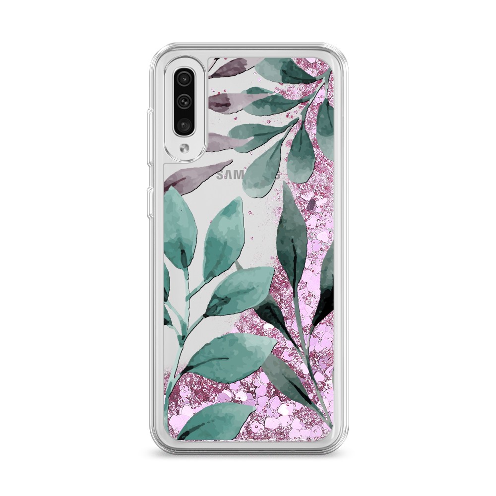 

Жидкий чехол с блестками "Листы цветов" на Samsung Galaxy A50