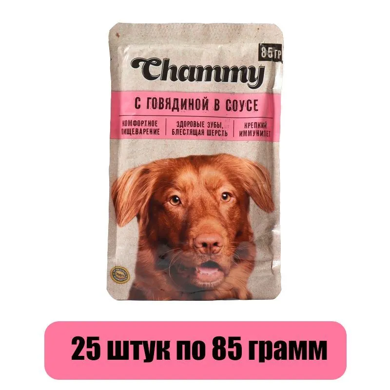 

Влажный корм для собак Chammy говядина в соусе, 25шт по 85г