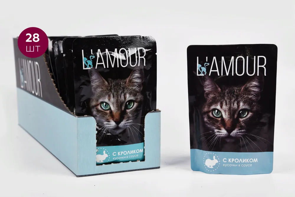 

Влажный корм для кошек L'amour кролик в соусе, 28шт по 75г