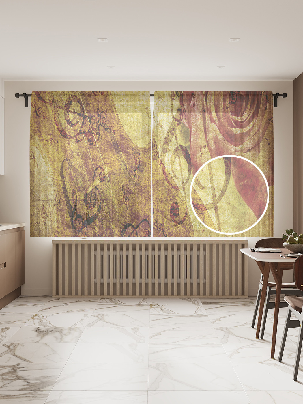 

Фототюль "Цветочная музыка", 145x180 см (2 полотна со шторной лентой + 50 крючков), Цветочная музыка