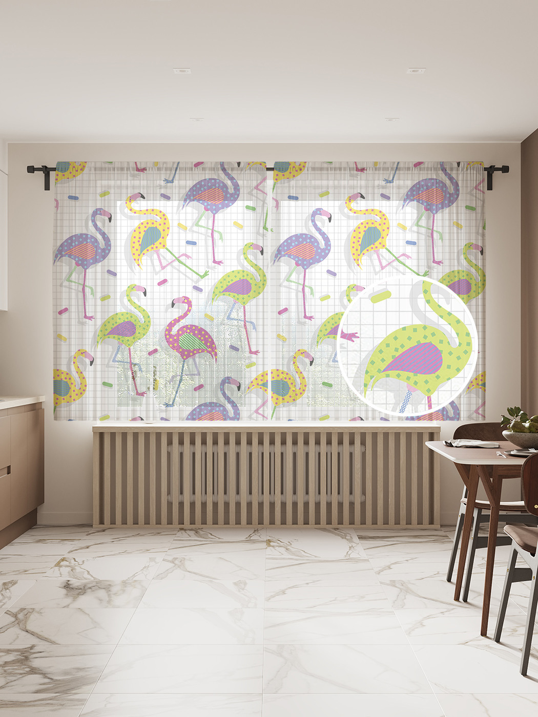 

Фототюль "Цветные фламинго", 145x180 см (2 полотна со шторной лентой + 50 крючков), Цветные фламинго