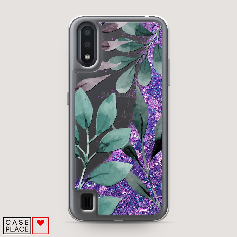 

Жидкий чехол с блестками "Листы цветов" на Samsung Galaxy A01, 29592-1
