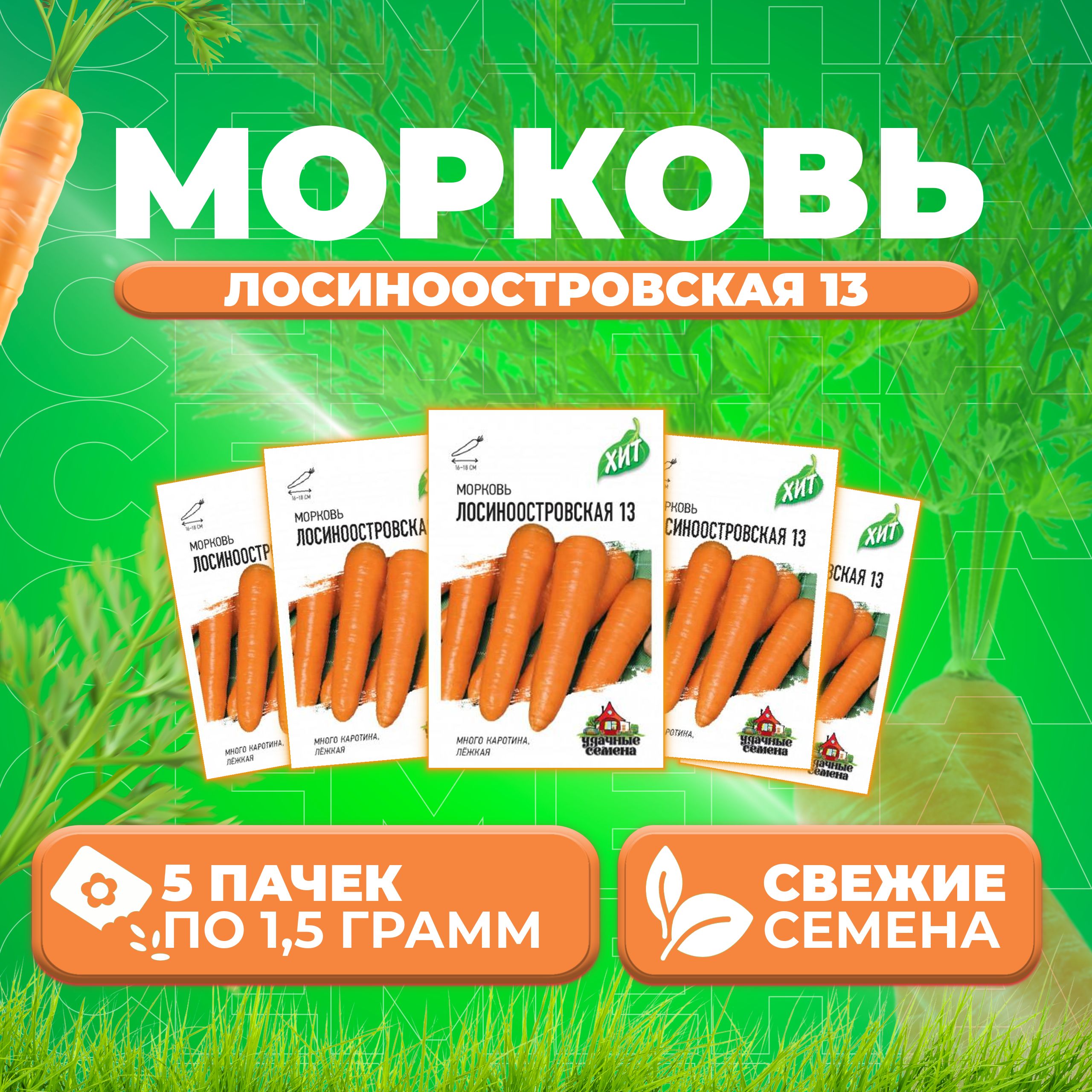 

Семена Морковь Лосиноостровская 13, 1,5г, Удачные семена, серия ХИТ (5 уп)