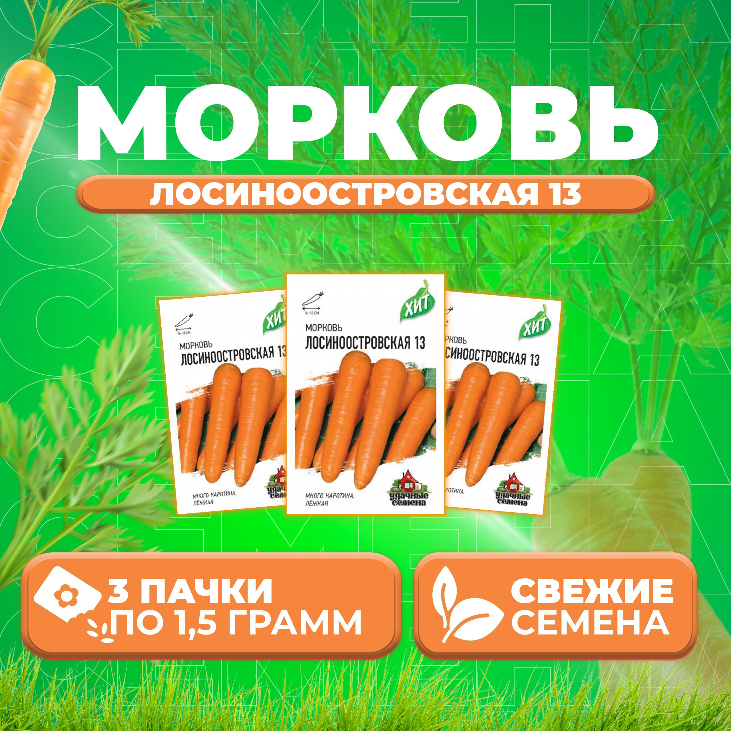 

Семена Морковь Лосиноостровская 13, 1,5г, Удачные семена, серия ХИТ (3 уп)