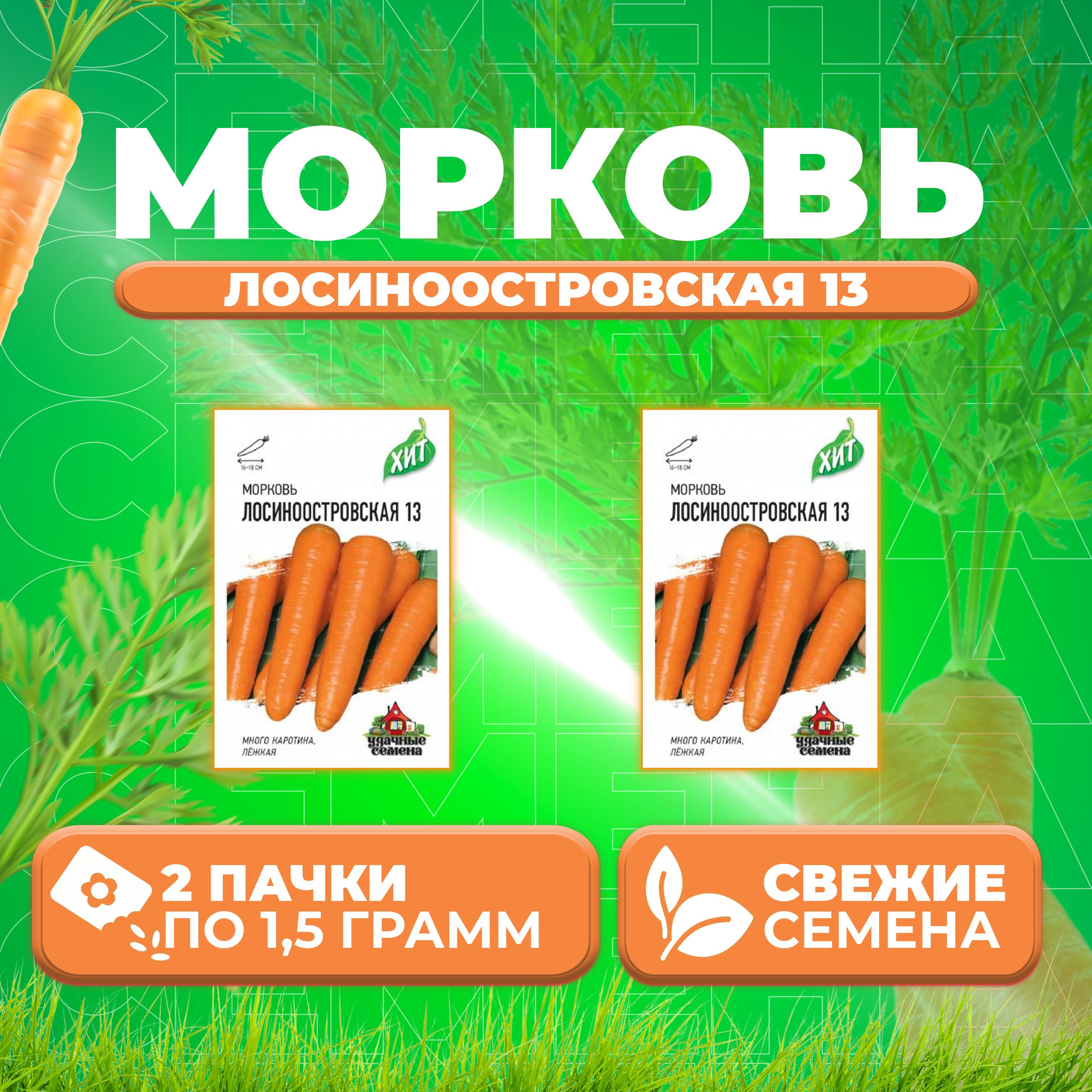 

Семена Морковь Лосиноостровская 13, 1,5г, Удачные семена, серия ХИТ (2 уп)