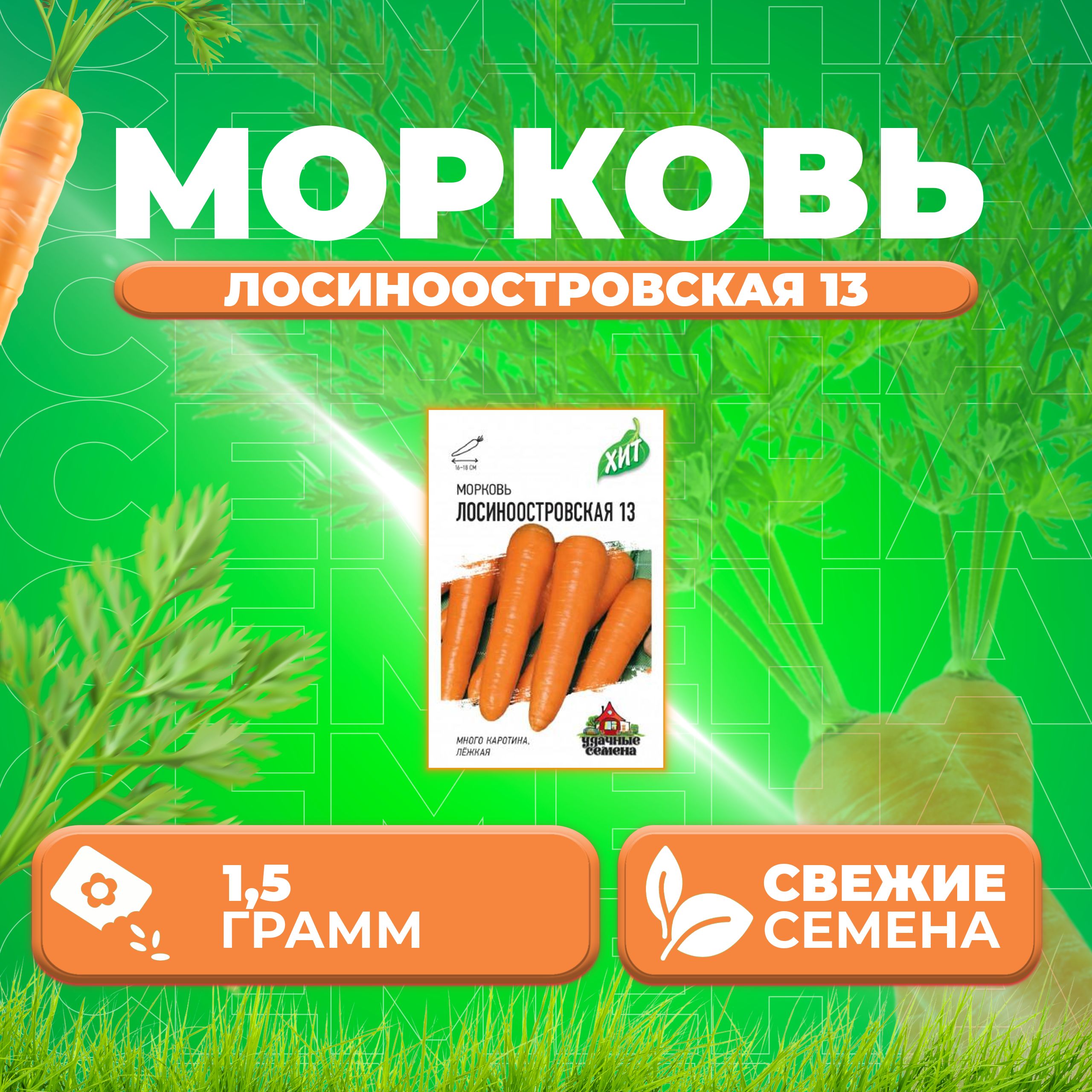 

Семена Морковь Лосиноостровская 13, 1,5г, Удачные семена, серия ХИТ (1 уп)