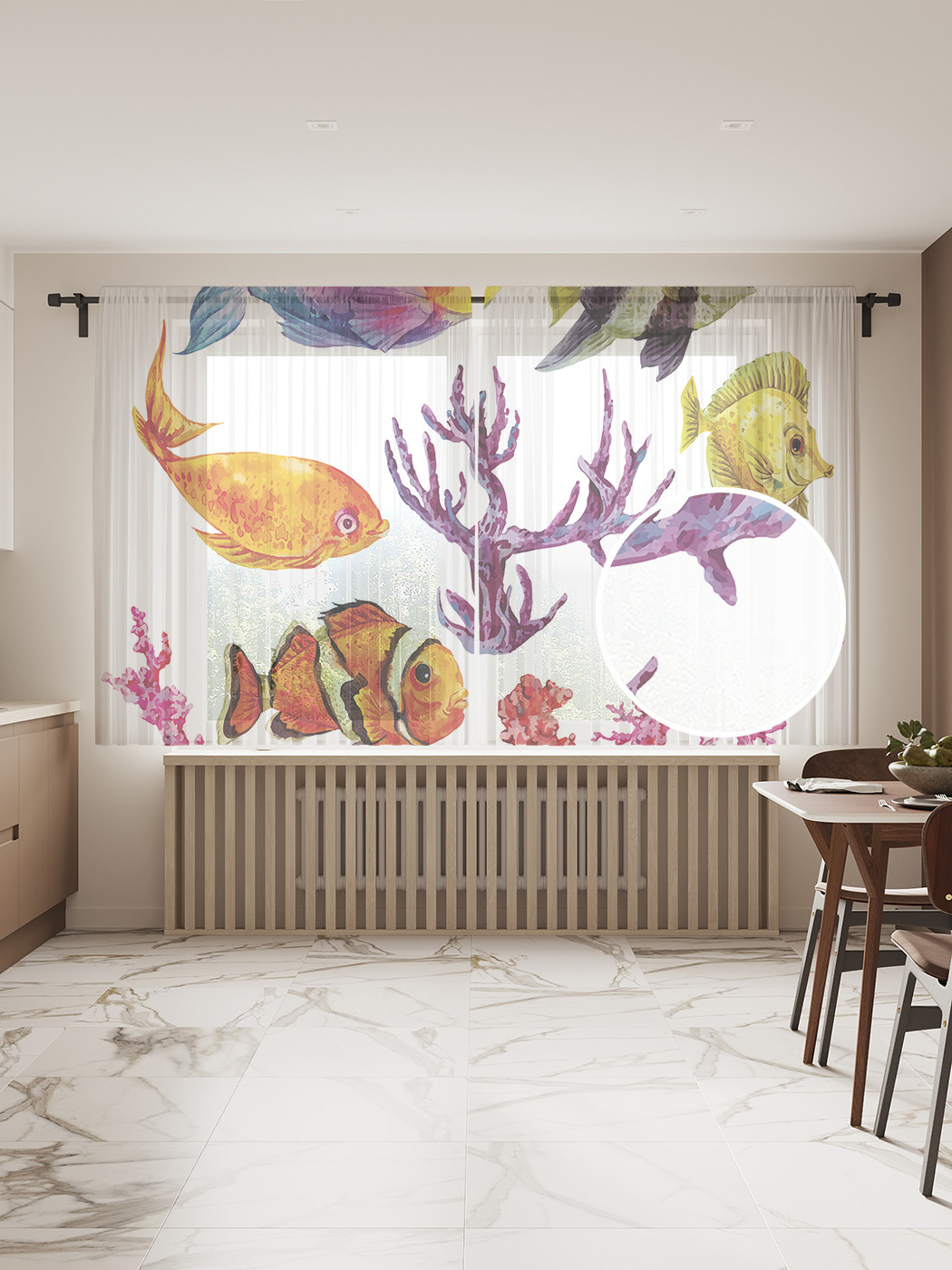 

Фототюль "Рыбы в кораллах", 145x180 см (2 полотна со шторной лентой + 50 крючков), Рыбы в кораллах