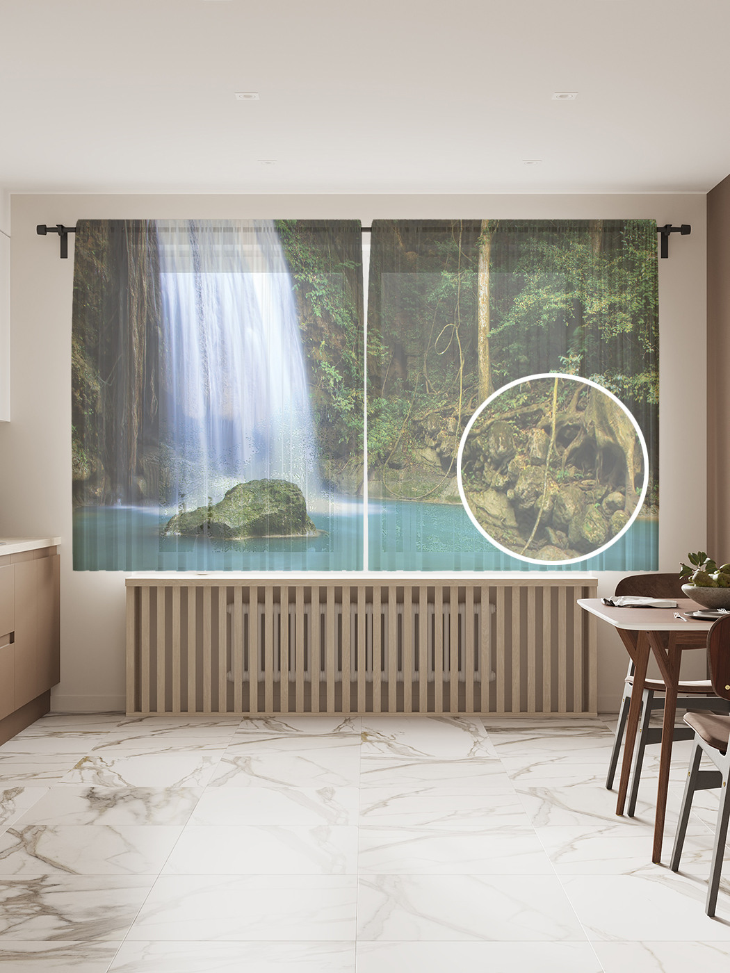 

Фототюль "Успокаивающий шум воды", 145x180 см (2 полотна со шторной лентой + 50 крючков), Успокаивающий шум воды