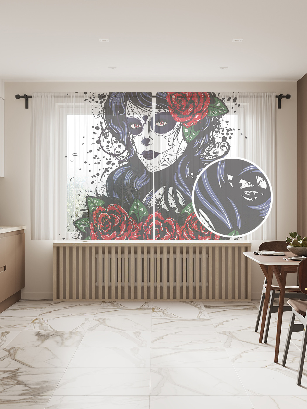 

Фототюль "Череп девушки в розах", 145x180 см (2 полотна со шторной лентой + 50 крючков), Череп девушки в розах