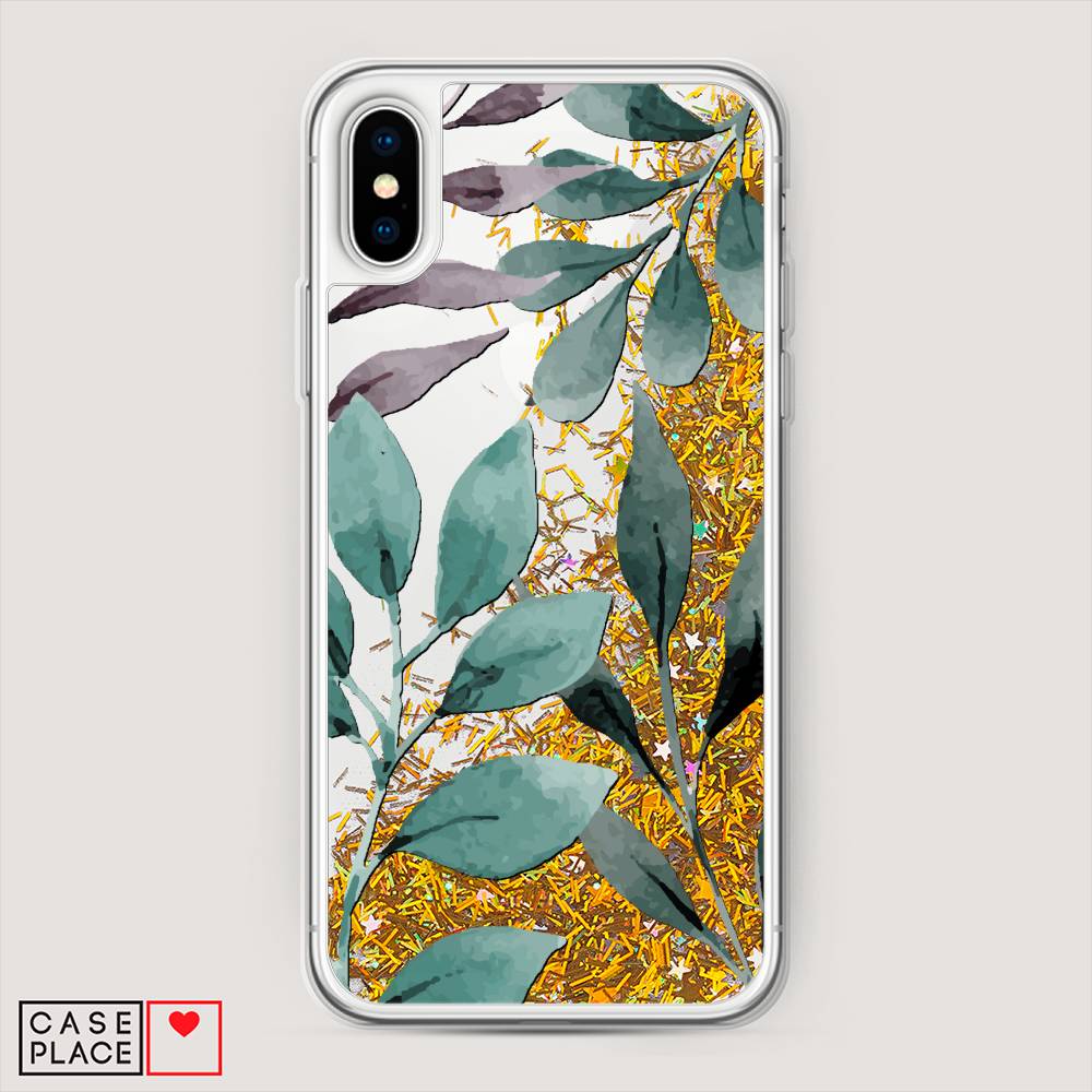 

Жидкий чехол с блестками "Листы цветов" на Apple iPhone XS Max (10S Max), 11990-1