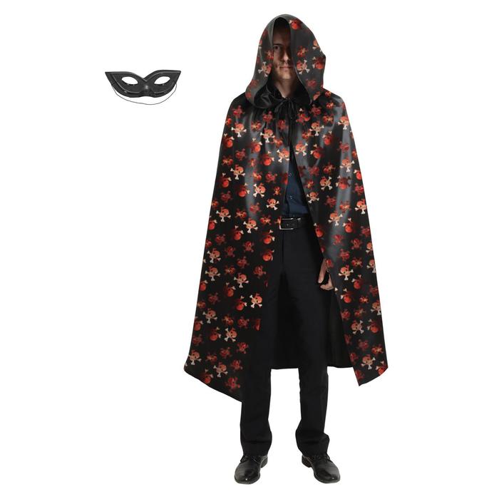 

Карнавальный плащ с красными черепами и капюшоном, атлас, длина 120 см + маска, 5247899