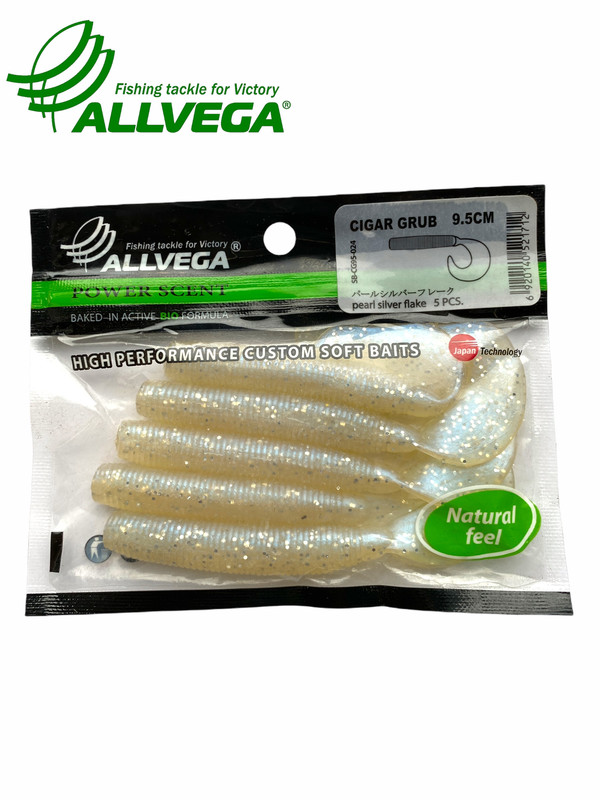 

Приманка съедобная ALLVEGA Cigar Grub 9,5см 7,5г (5шт.) цвет pearl silver flake, Cigar Grub