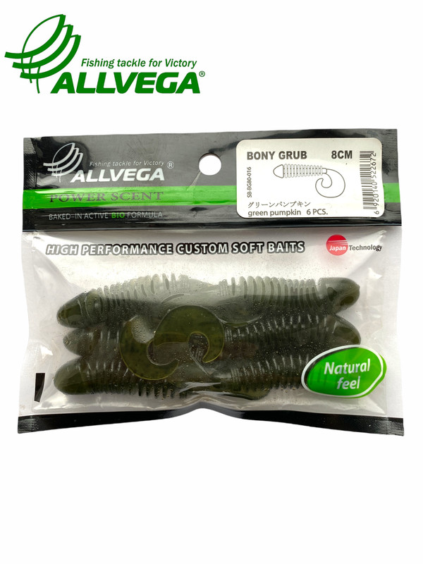 

Приманка съедобная ALLVEGA Bony Grub 8см 5,2г (6шт.) цвет green pumpkin, Bony Grub