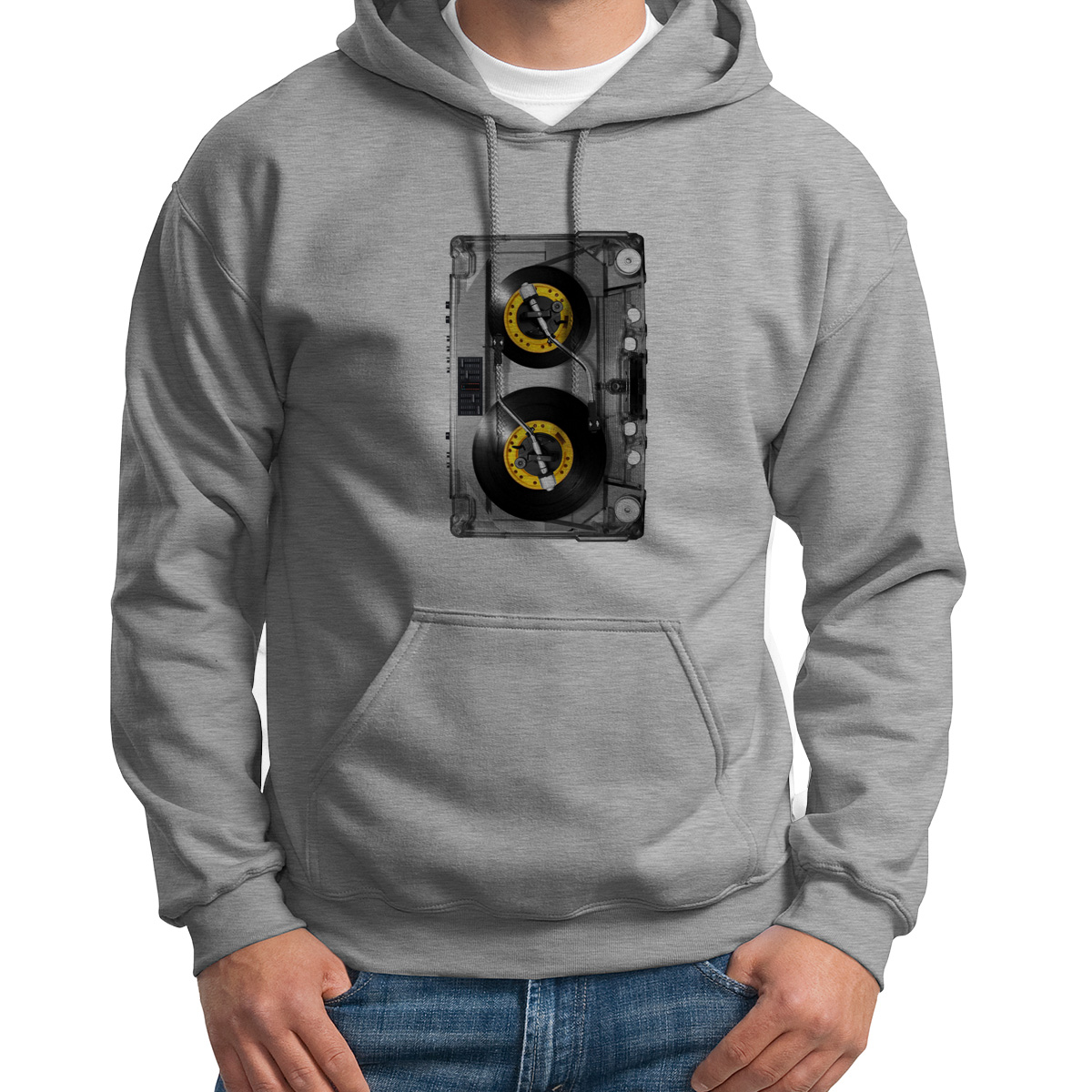 

Худи унисекс CoolPodarok Касета магнитофон пластинки серое 50 RU, Серый, 0S015685