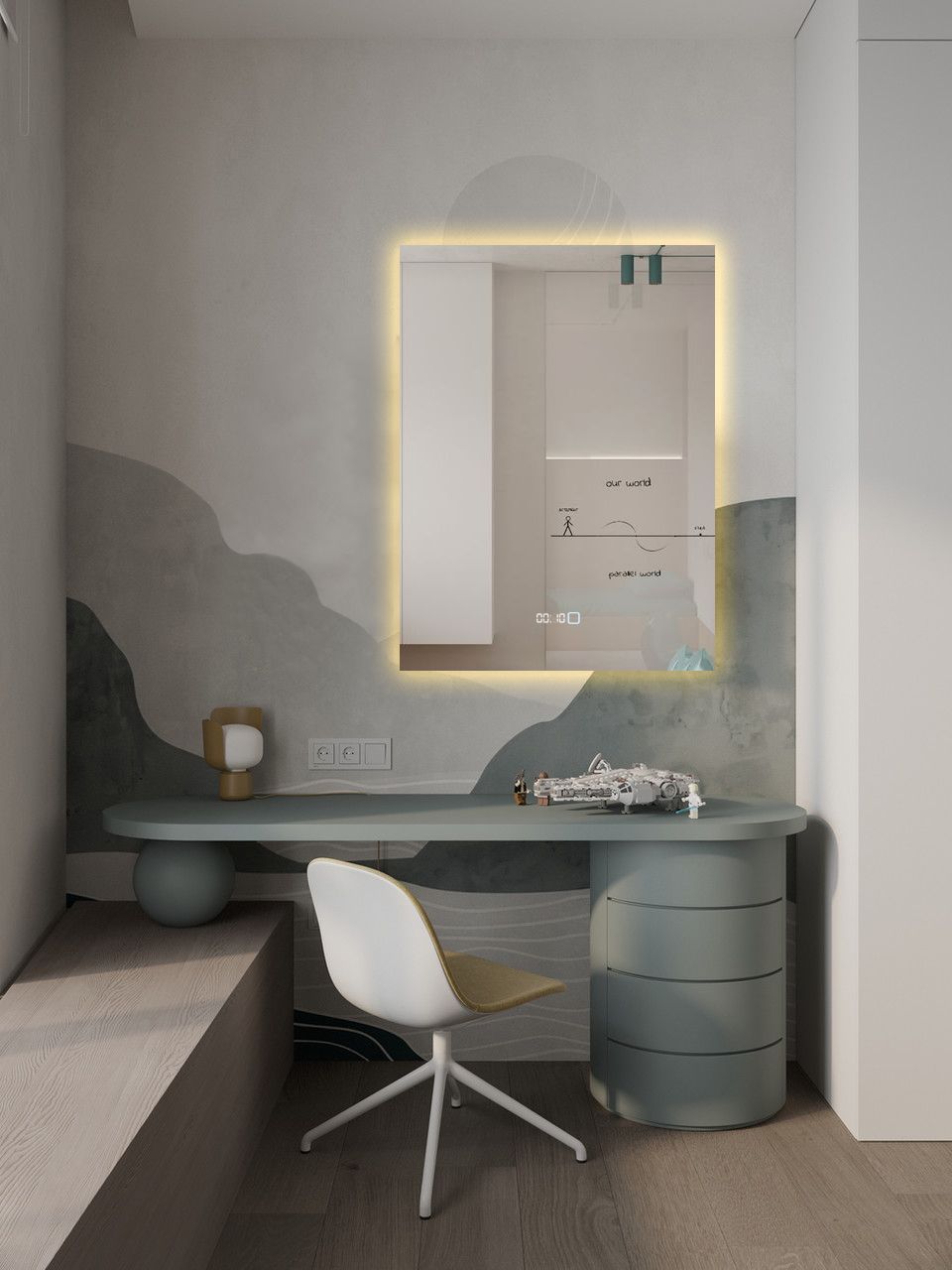 Зеркало для ванной Qwerty 120x80 вертикальное с часами с тёплой LED-подсветкой