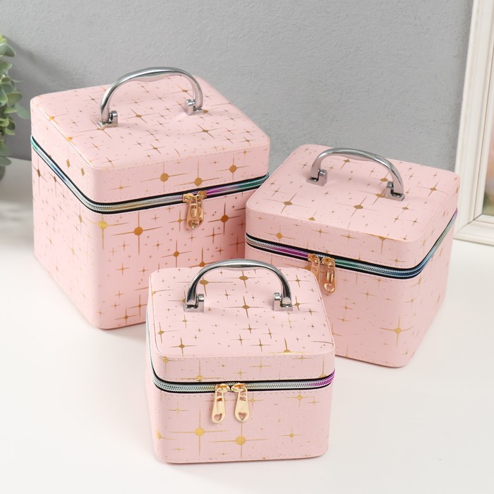 

Шкатулка кожзам с зеркалом 3 шт 16,5х16,5х14 15х15х10,5 19х19х19 см, Золотистый;розовый