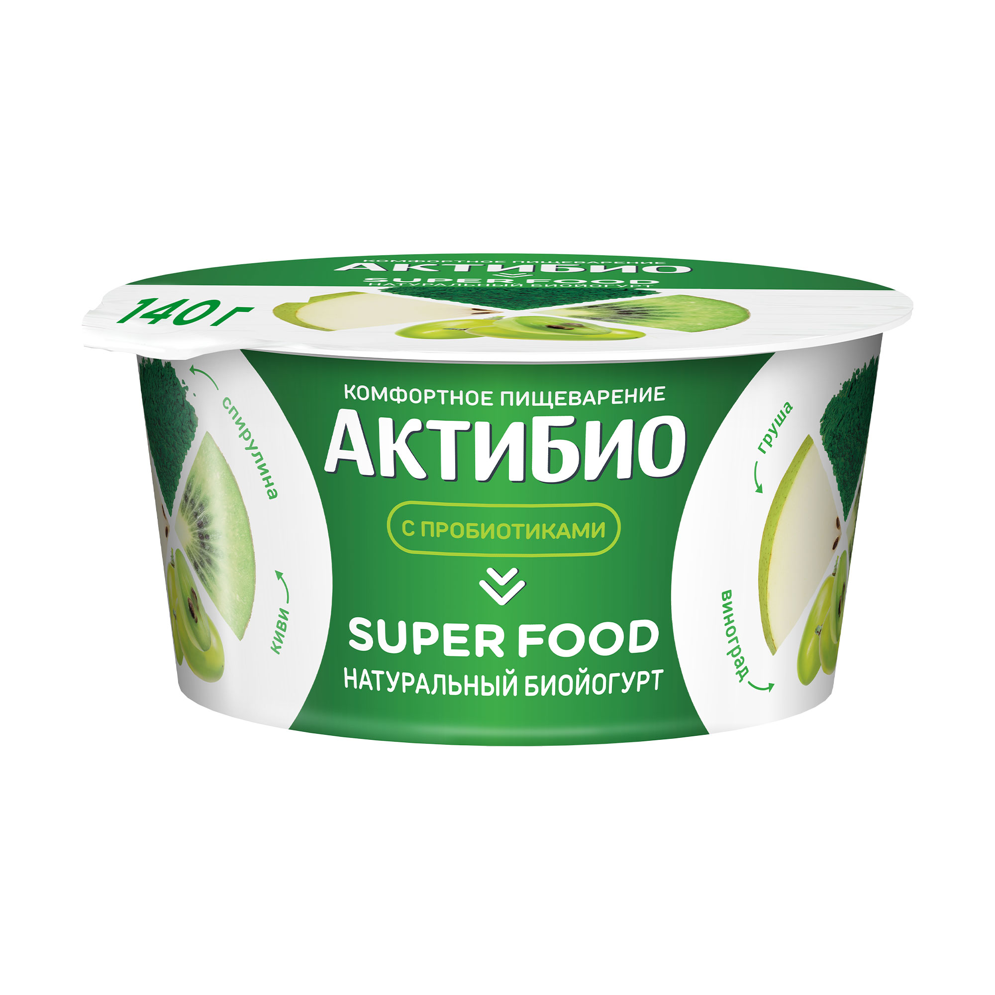 Биойогурт Актибио Super food груша-киви-виноград-спирулина 2,2% БЗМЖ 140 г