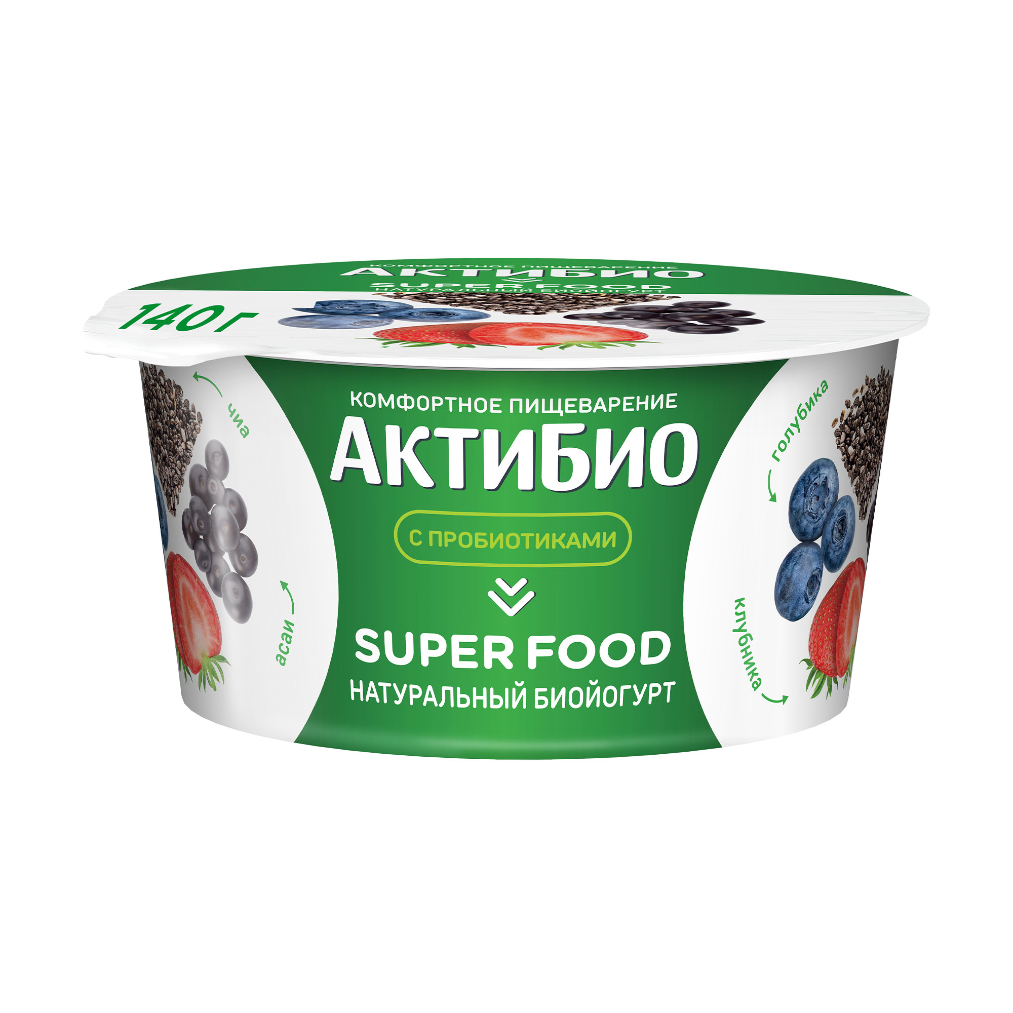 Биойогурт Актибио Super food клубника-голубика-ягоды асаи-семена чиа 2,2% БЗМЖ 140 г