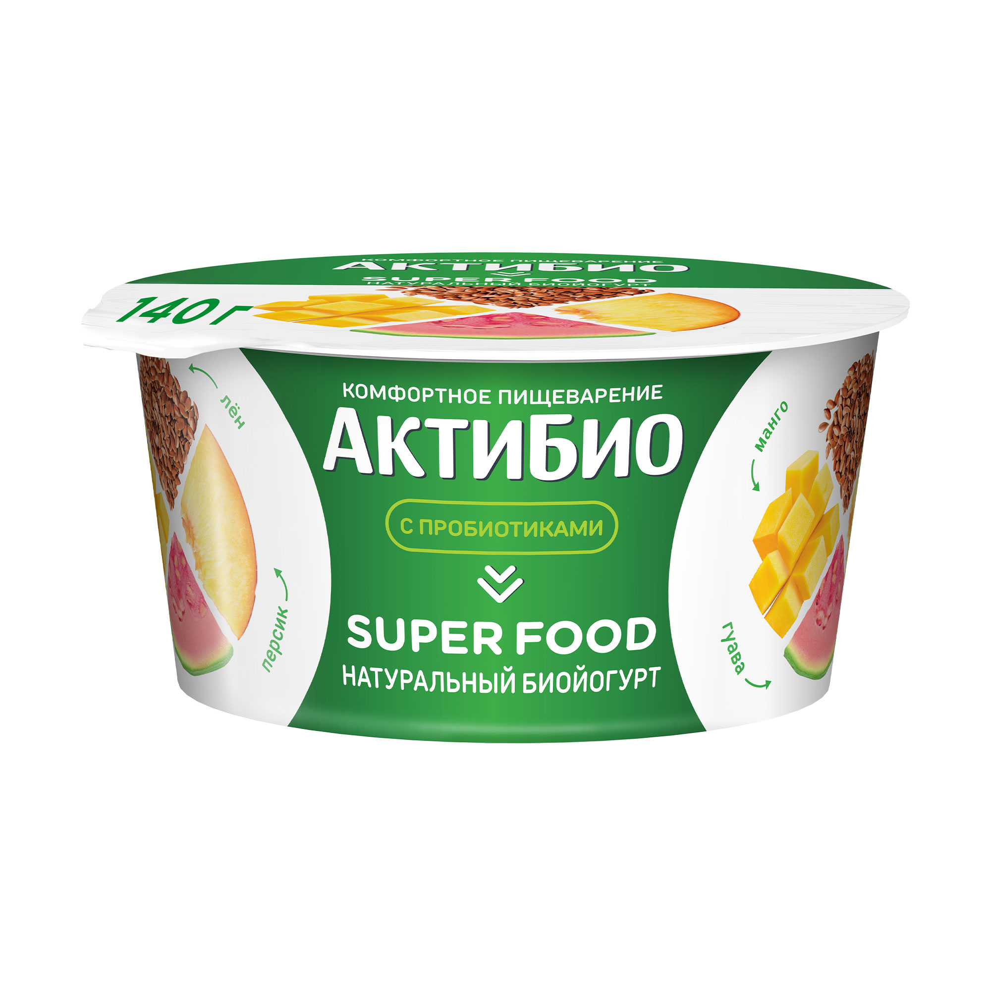 Биойогурт Актибио Super food персик-манго-гуава-лен 2,2% БЗМЖ 140 г