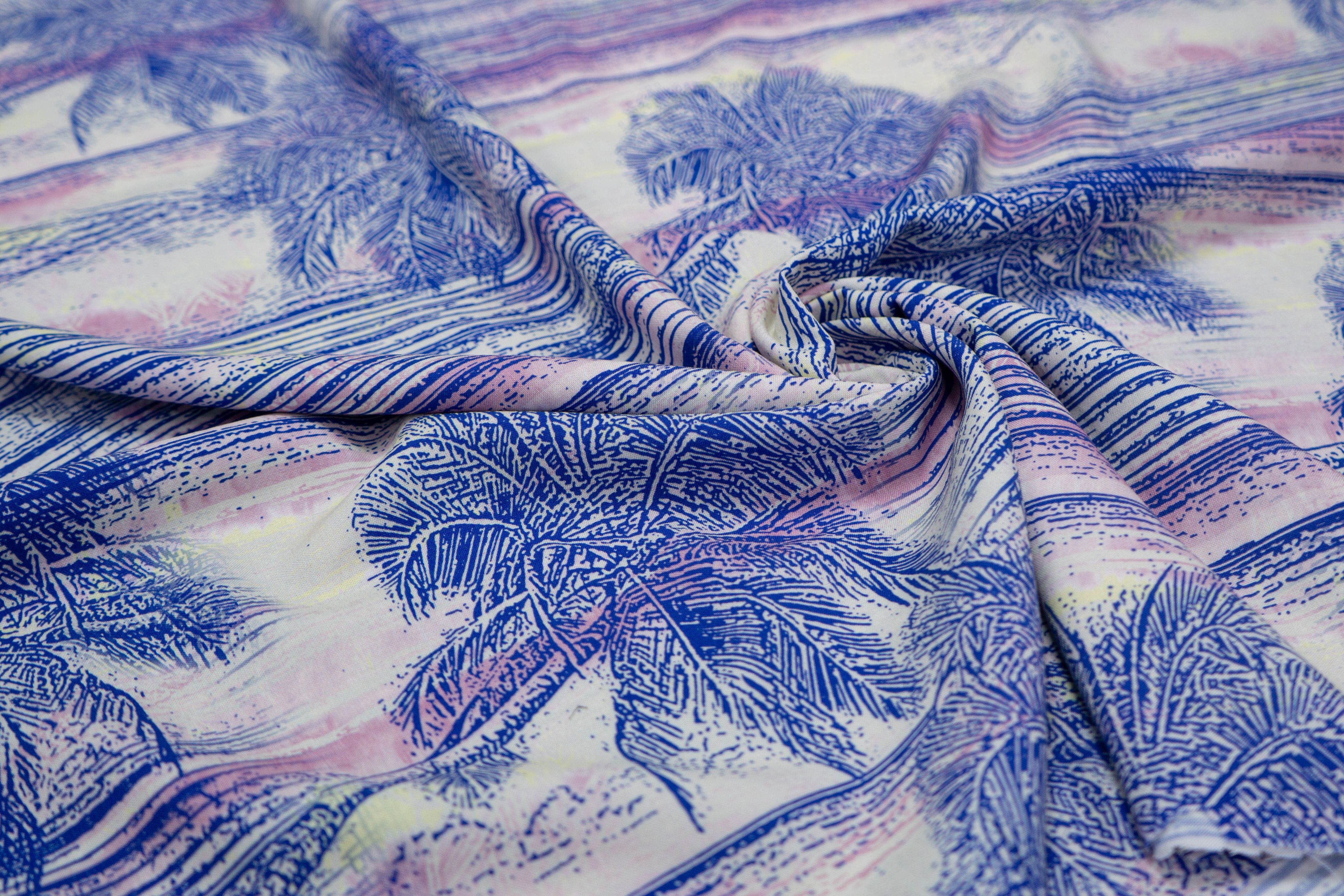 

Ткань UNOFABRIC MON04947 Вискоза штапель с синими пальмами 100x143 см, Голубой