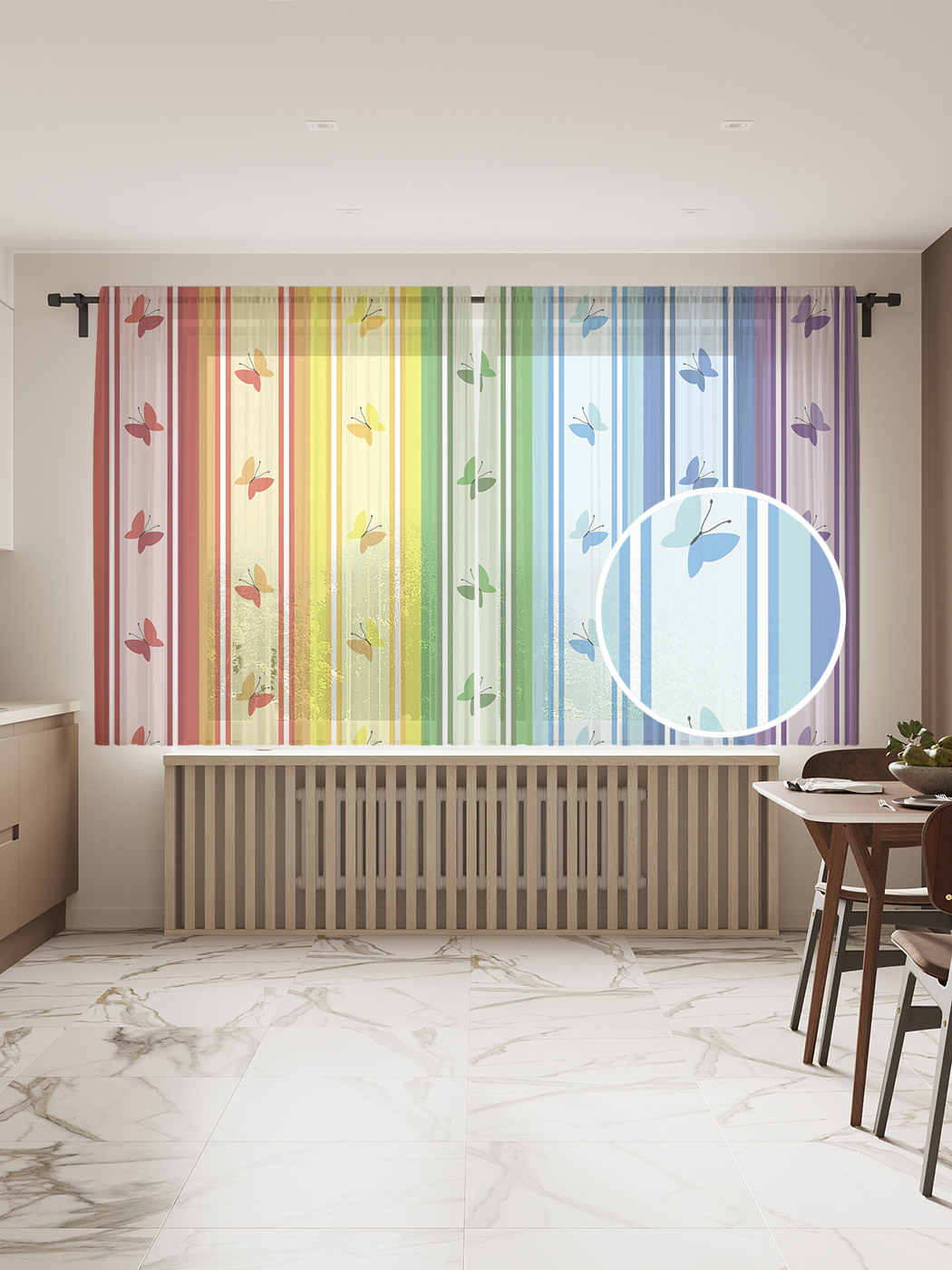 

Фототюль "Радуга с бабочками", 145x180 см (2 полотна со шторной лентой + 50 крючков), Радуга с бабочками