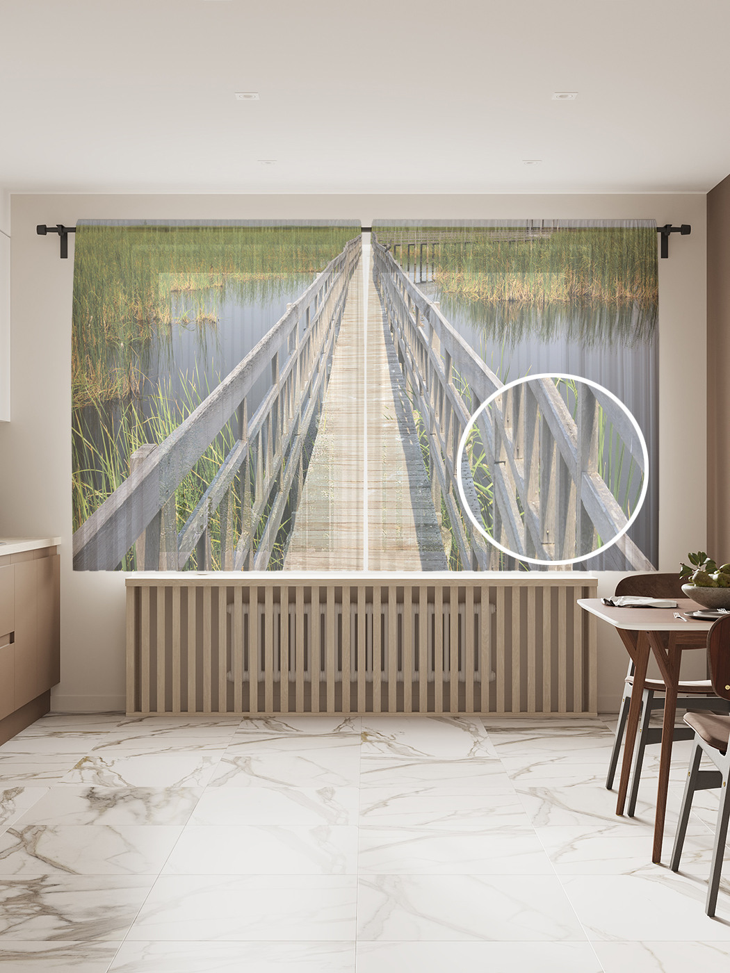 

Фототюль "Деревянный мост", 145x180 см (2 полотна со шторной лентой + 50 крючков), Деревянный мост