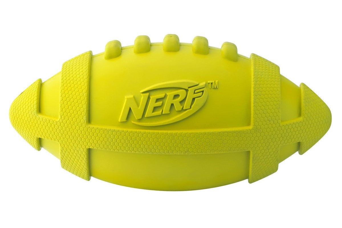 фото Апорт для собак nerf мяч для регби пищащий, желтый, длина 17.5 см