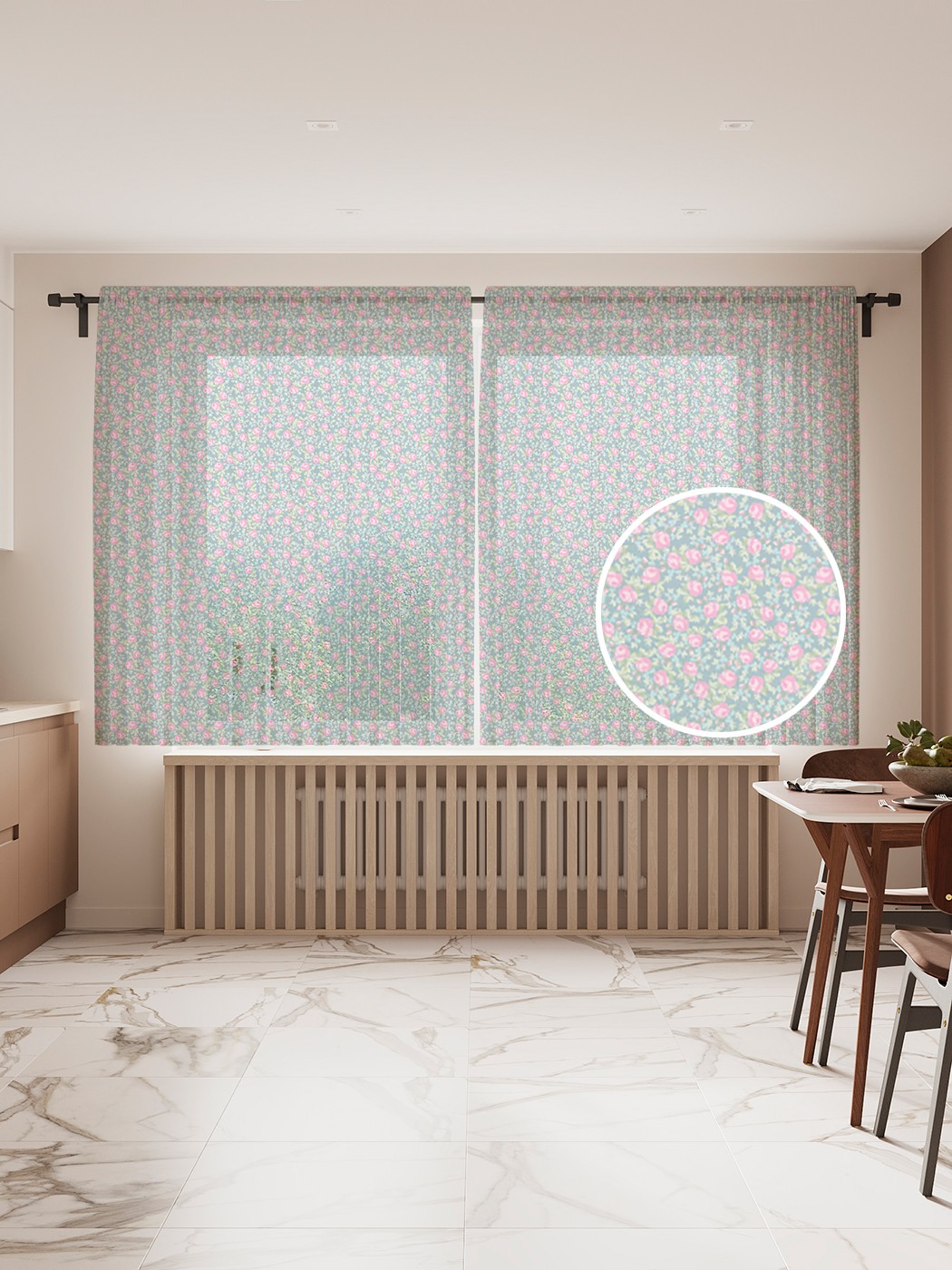 

Фототюль "Маленькие розовые цветы", 145x180 см (2 полотна со шторной лентой + 50 крючков), Маленькие розовые цветы