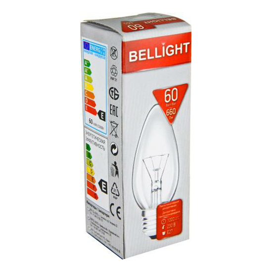 

Лампа накаливания Bellight Е27 60 Вт 2700 К теплый белый свеча прозрачная