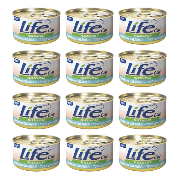 Консервы для кошек Life Cat Тунец с кальмаром в бульоне, 12 шт по 85 г