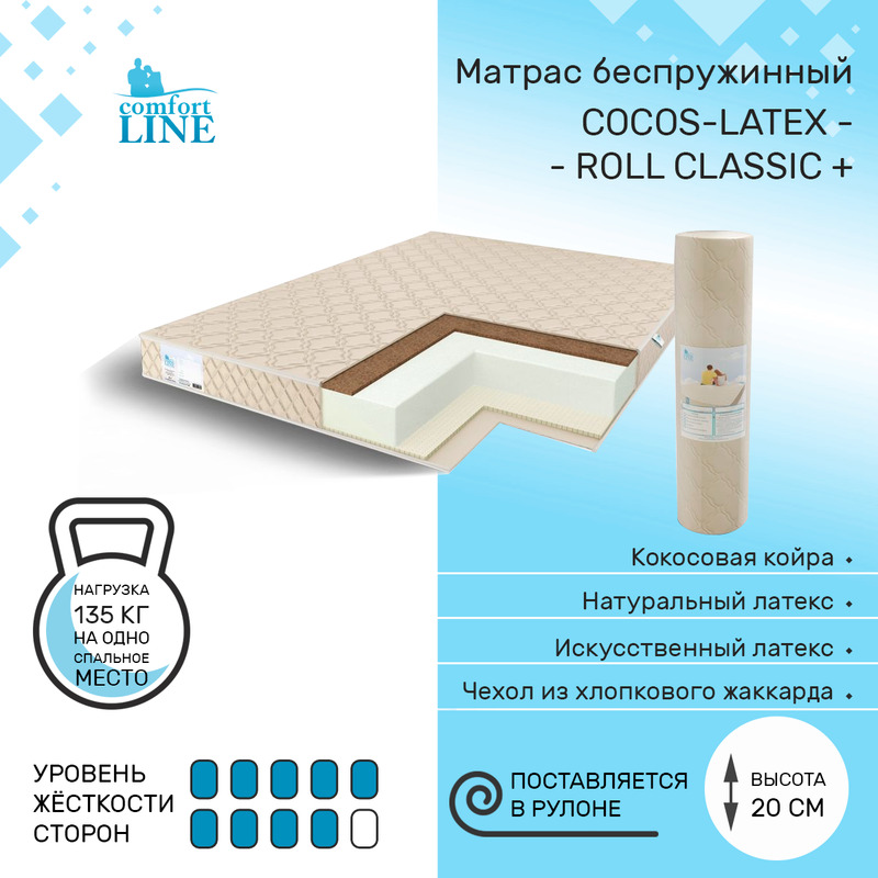 

Матрас беспружинный Comfort Line Cocos-Latex Roll Classic+ 165х180, высота 20 см, Бежевый, Cocos-Latex Roll Classic+