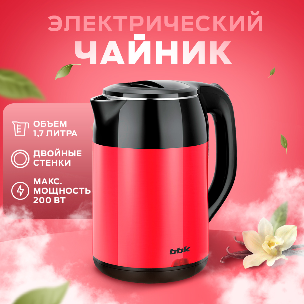 Чайник электрический BBK EK1709P(B/R) 1.7 л красный, черный чайник со свистком из нержавеющей стали доляна горошек 2 8 л красный