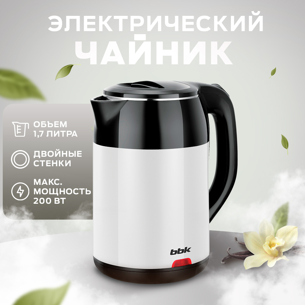 Чайник электрический BBK EK1709P 1.7 л белый, черный маслёнка фарфоровая на деревянной подставке bellatenero 500 мл белый