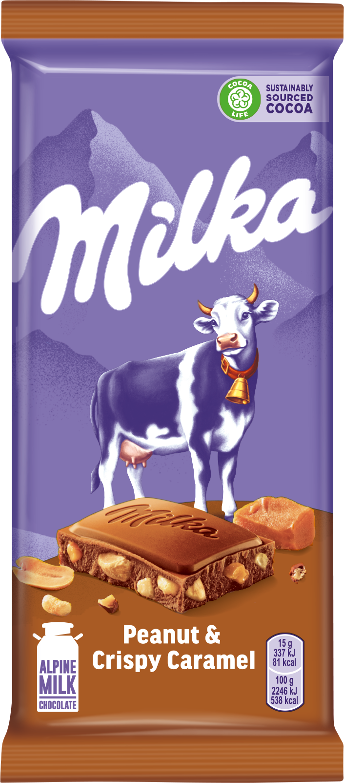 фото Шоколад milka молочный с арахисом и кусочками хрустящей карамели 90г