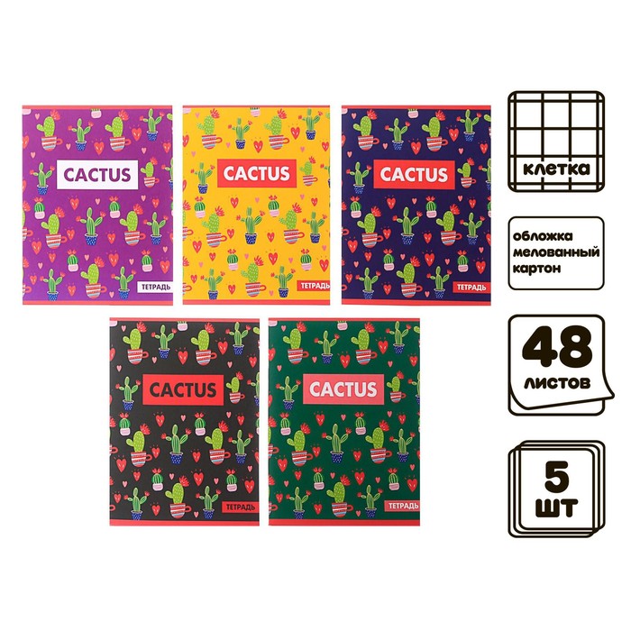 

Комплект тетрадей из 5 шт "Кактус", 48 л, в клетку, обложка мелованный картон, блок офсет