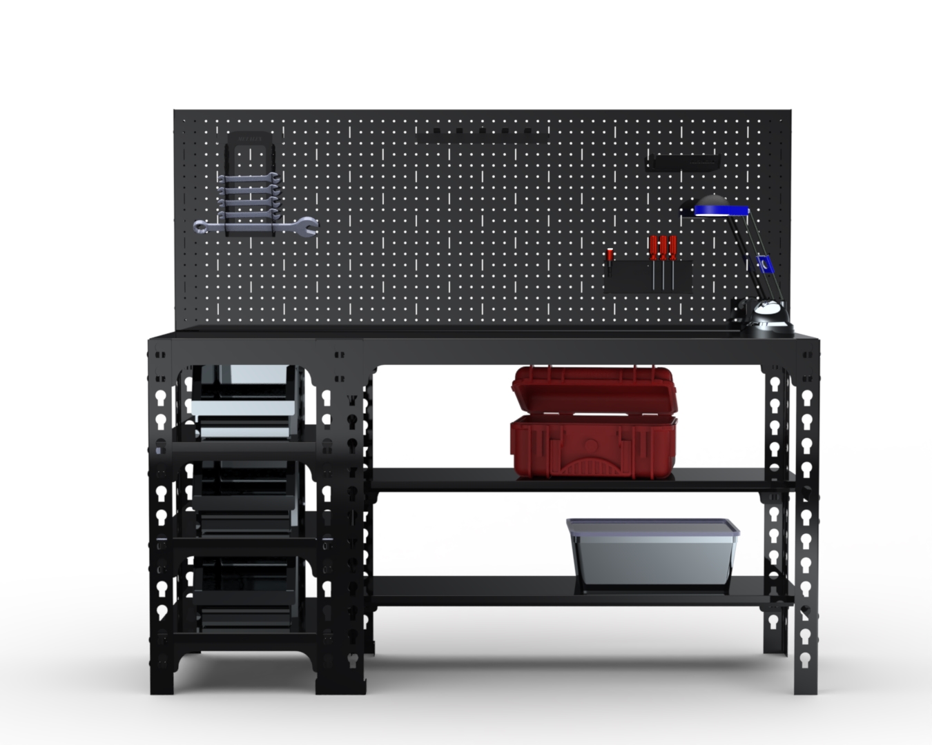 

Стол металлический Metalex 750х1400х600 с боковыми полками и перфопанелью (чёрный)