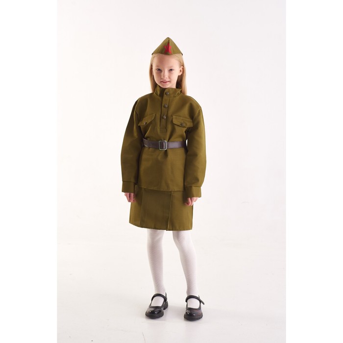 

Костюм военного «Солдаточка», гимнастёрка, ремень, пилотка, юбка, 3-5 лет, рост 104-116 см, Хаки, Солдаточка
