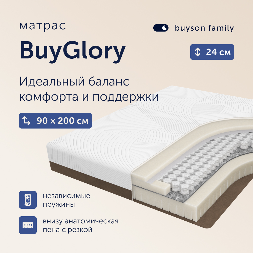 Матрас buyson family BuyGlory, независимые пружины, 90х200 см белый, размер односпальный