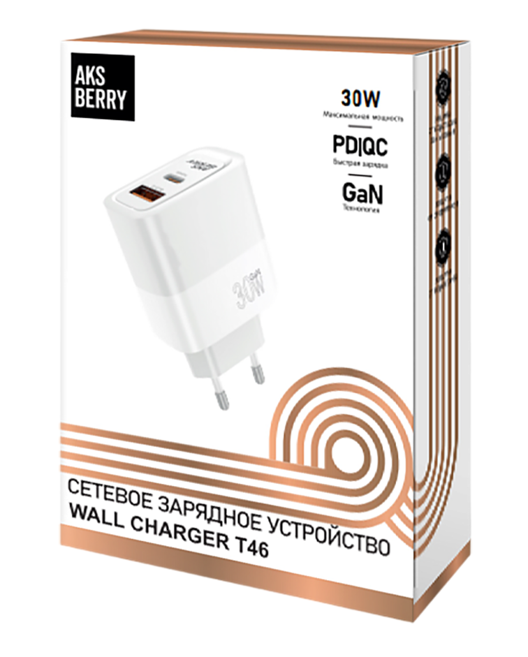 Сетевое зарядное устройство Aksberry T46 type-c - usb 1xUSB, 1xUSB Type-C 3 А